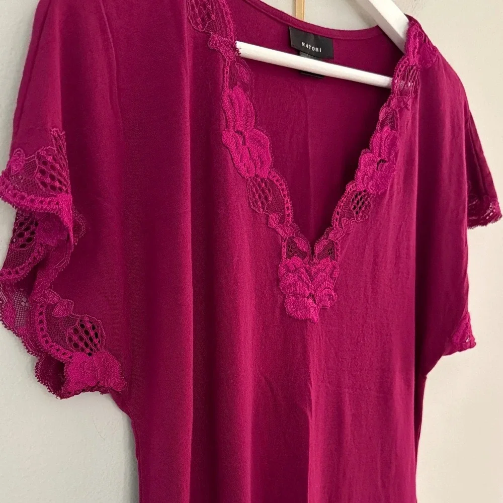 Natori Zen Medium Floral Short Sleeve Pajama Set Heather Night Berry Lace